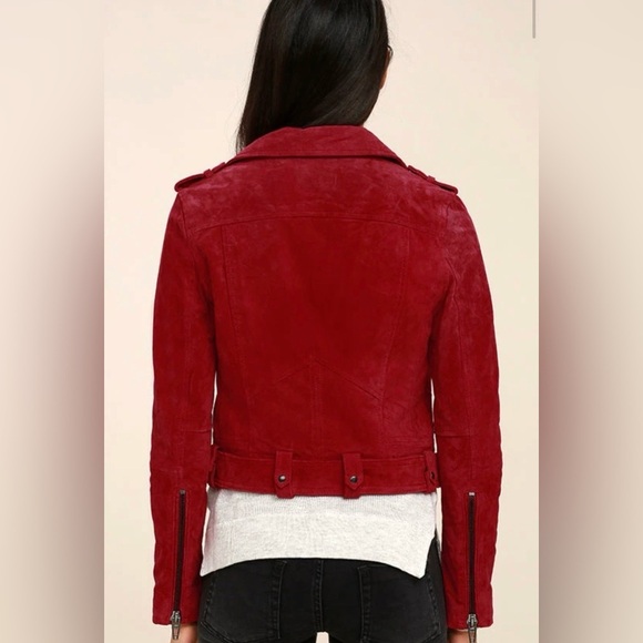 Blank NYC Red Suede Leather Moto Jacket Belted Zip Pockets Backhanded Sz S - Picture 2 of 9